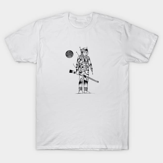 Mr. Spaceman Black And White Illustration T-Shirt by Brokoola